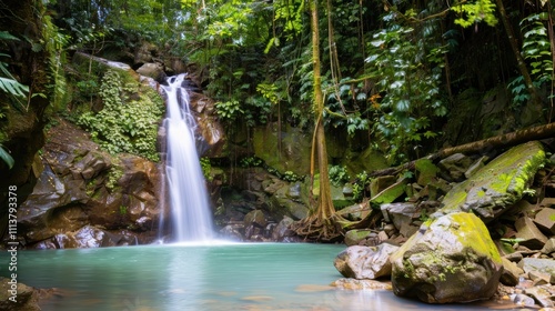 Serene Tropical Waterfall Cascading into Tranquil Jade Pool