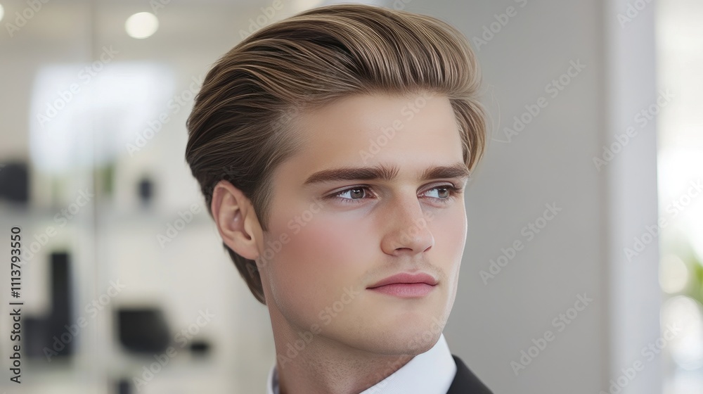 A stylish side part hairstyle, featuring sharp lines and a classic finish, set against a contemporary office backdrop, ideal for professional settings