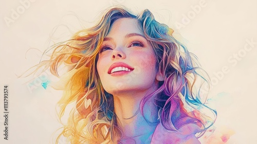 Smiling Woman Side Profile Vibrant Watercolor Portrait with Flowing Hair and Ethereal Background