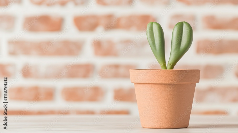 Unique natural indoor cactus. Potted succulent plant against a brick wall background. Unique natural indoor cactus. Potted succulent plant against a brick wall background.