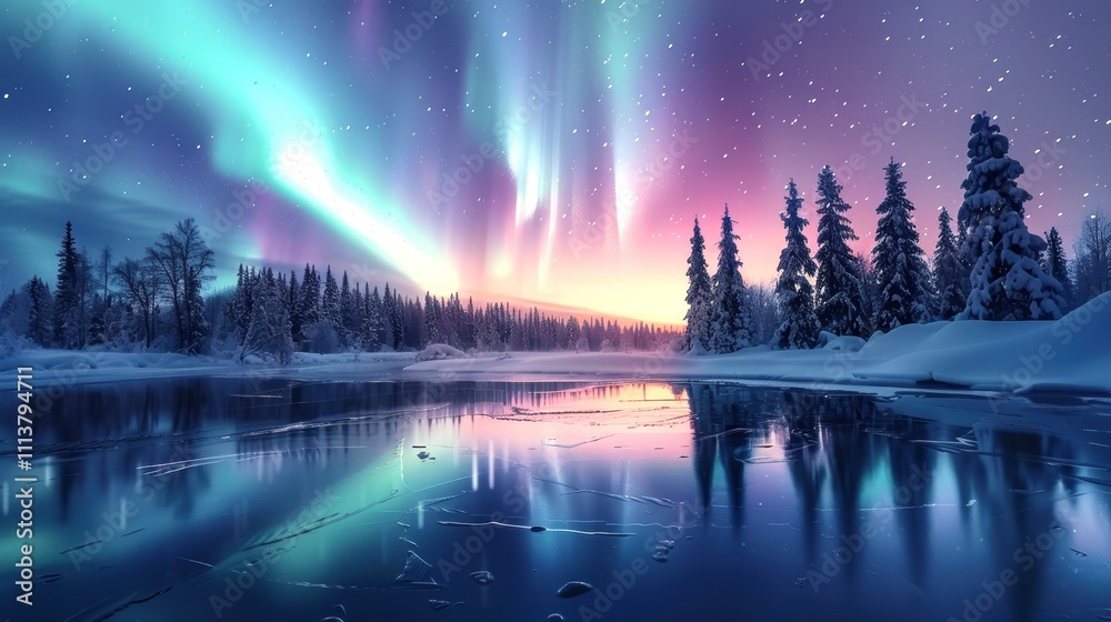 Majestic Northern Lights Reflecting on Winter Lake with Pine Trees Majestic Northern Lights Reflecting on Winter Lake with Pine Trees