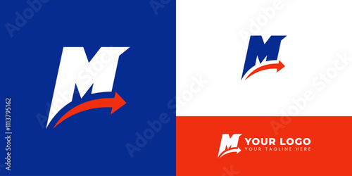 Professional letter "M" logo with a dynamic red arrow symbolizing growth, progress, and success. Suitable for businesses, startups, and corporate branding.