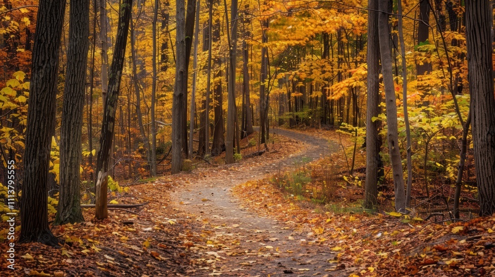 Obraz premium Serene Curved Pathway Through Vibrant Autumn Forest Landscape
