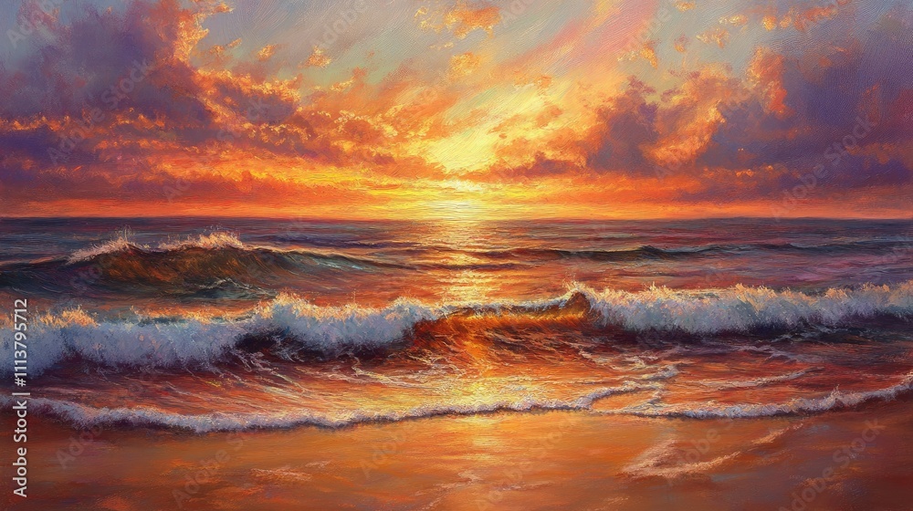 A tranquil ocean scene with the sun dipping below the horizon, reflecting shimmering golds and reds on the water's surface, creating a serene and calming atmosphere A tranquil ocean scene with the sun dipping below the horizon, reflecting shimmering golds and reds on the water's surface, creating a serene and calming atmosphere