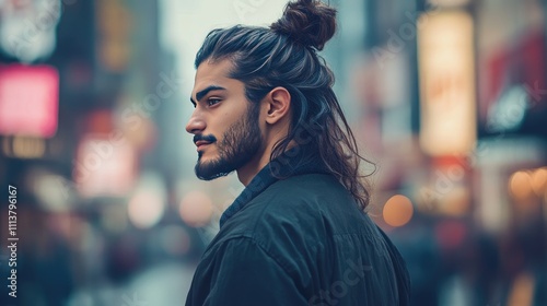 A trendy long hairstyle tied back into a man bun, emphasizing the contrast between casual and sophisticated, set against a blurred urban backdrop