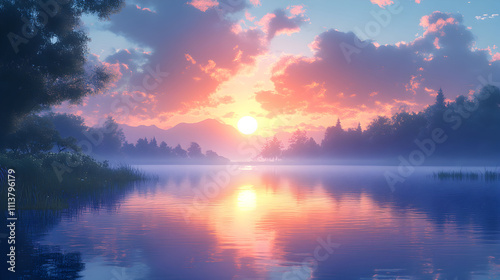 Serene Sunset Over Misty Lake And Mountains