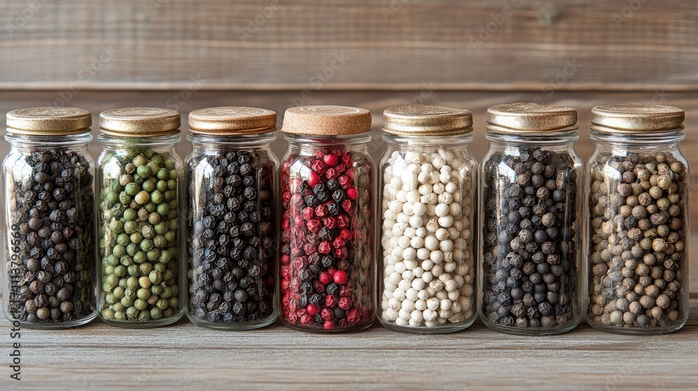 A vibrant arrangement of various peppercorns, including black, white, and green, displayed in elegant glass jars against a soft, neutral background A vibrant arrangement of various peppercorns, including black, white, and green, displayed in elegant glass jars against a soft, neutral background