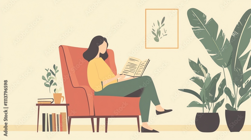 Woman relaxes in armchair and reads a book. Woman relaxes in armchair and reads a book.
