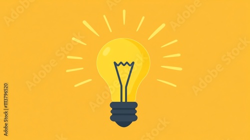 Yellow lightbulb with radiating rays on a yellow background.