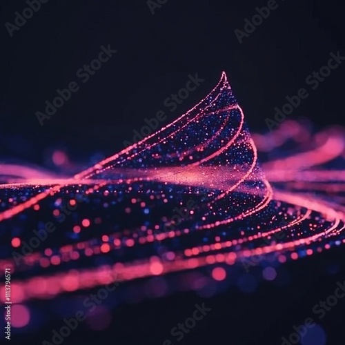 Abstract swirling pink and blue light particles forming a wave-like structure on dark background.