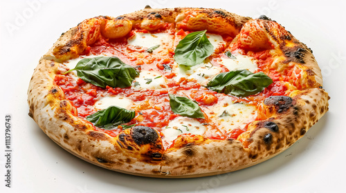 Margherita Pizza: Margherita pizza with fresh mozzarella, tomatoes, basil, and a drizzle of olive oil on a white background.