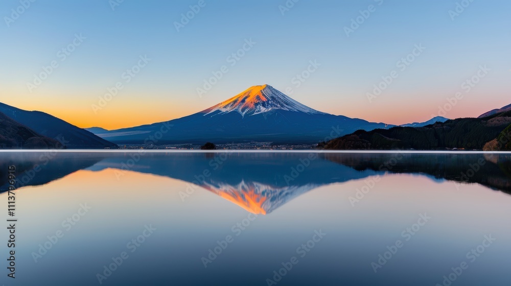 Majestic Mount Fuji Reflected in Serene Lake During Sunrise Majestic Mount Fuji Reflected in Serene Lake During Sunrise