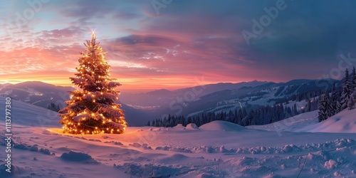 A Christmas tree with candles and lights stands lonely and romantic in a panoramic landscape with snow and mountains at sunset