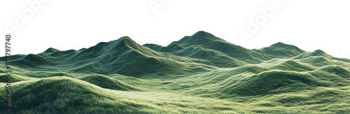 Green mountain landscape with rolling hills, isolated on transparent cutout background
