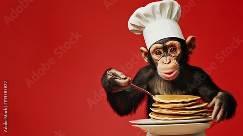 A chimpanzee in a chef's hat eats pancakes.