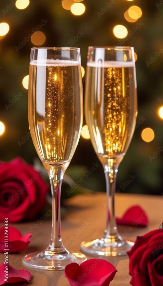 two glasses of champagne, two elegant glasses of golden champagne stand on a wooden table, behind them is a blurred background with warm lights of a garland, rose petals are scattered nearby, love two glasses of champagne, two elegant glasses of golden champagne stand on a wooden table, behind them is a blurred background with warm lights of a garland, rose petals are scattered nearby, love