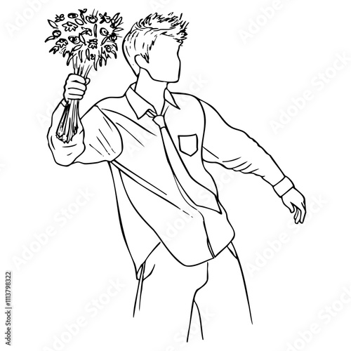 man without a face throws a bouquet of flowers - hand drawn sketch art. man in shirt and tie swings hand-picked flowers. broken heart, angry, irritated, rejected admirer