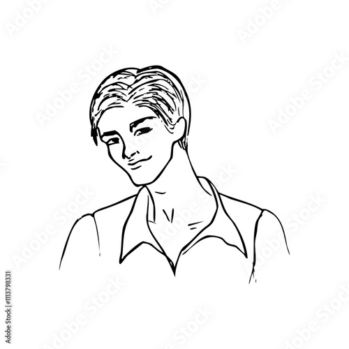 young handsome man with a smirk looks portrait - hand drawn sketch art. attractive man in shirt with unbuttoned shirt collar