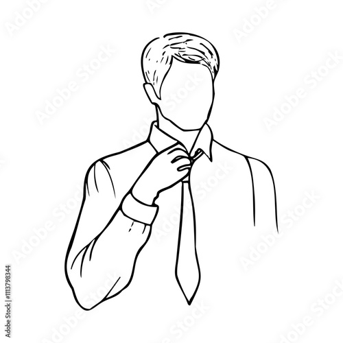 faceless man in a shirt straightens a long tie - hand drawn sketch art