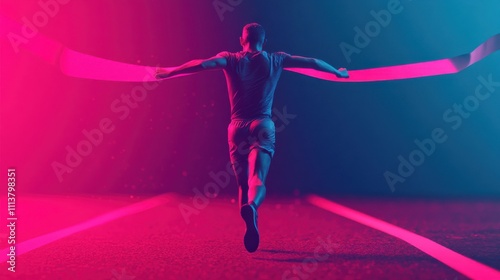 Fototapeta Naklejka Na Ścianę i Meble -  A runner crosses the finish line, arms raised in victory, illuminated by vibrant pink and blue lights in a dramatic sports setting.