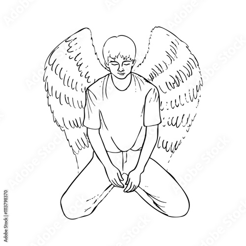 young man sitting on his knees big wings behind him - hand drawn sketch art. angel fallen saint