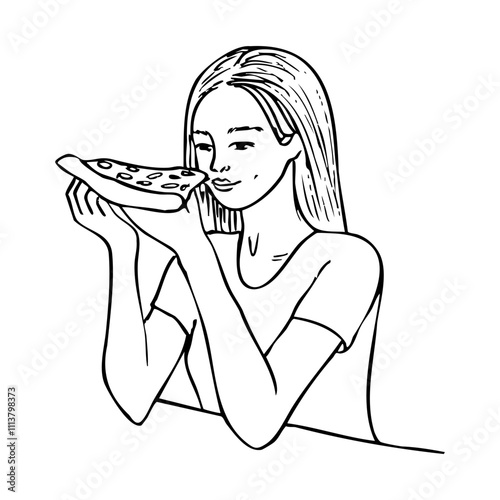 happy woman looking and getting ready to eat a slice of pizza in her hands - hand drawn sketch art. pizza fan