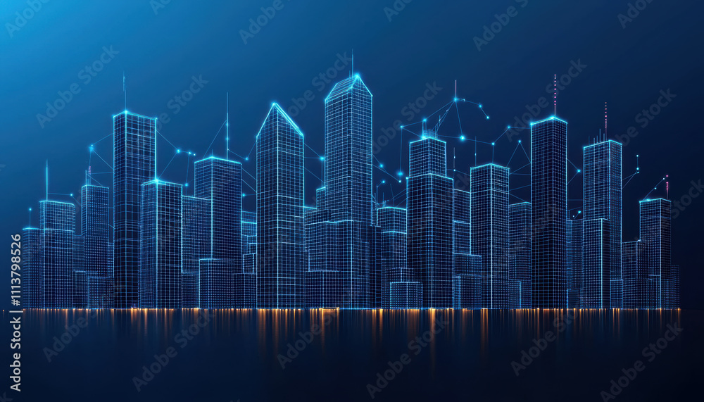 Futuristic urban wireframe, A futuristic skyline illustration showcasing illuminated skyscrapers and digital connections.