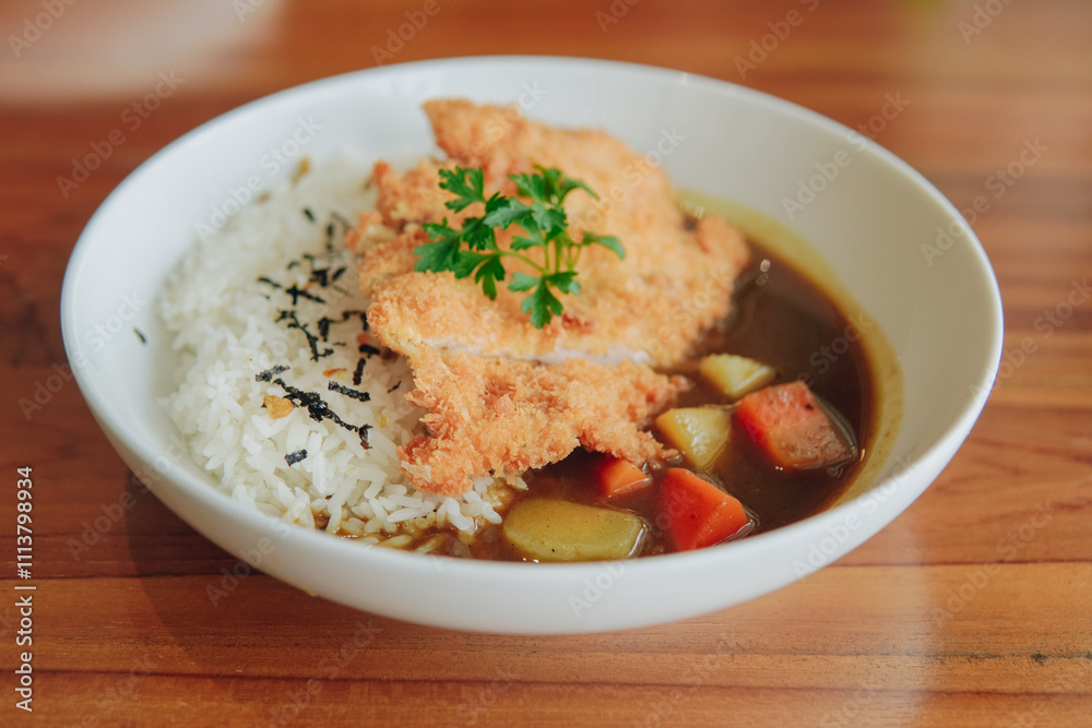 Japanese curry rice and chicken katsu with potato and carrots served in a white plate. Japanese curry rice and chicken katsu with potato and carrots served in a white plate.