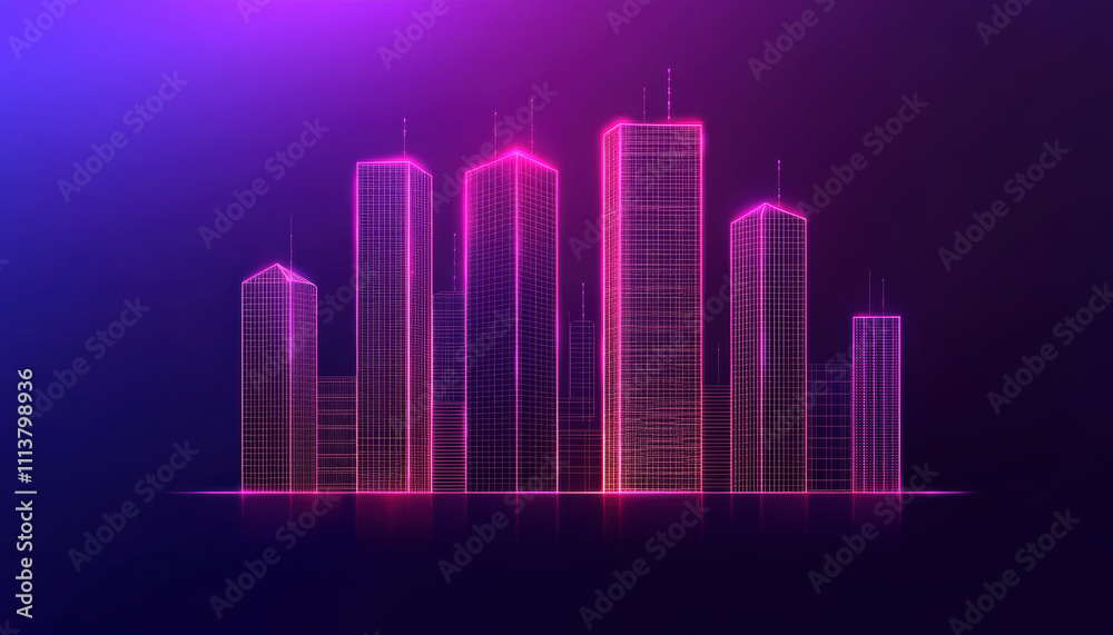 Holographic smart grid, Futuristic city skyline design with vibrant neon lights showcasing modern architecture and technology.