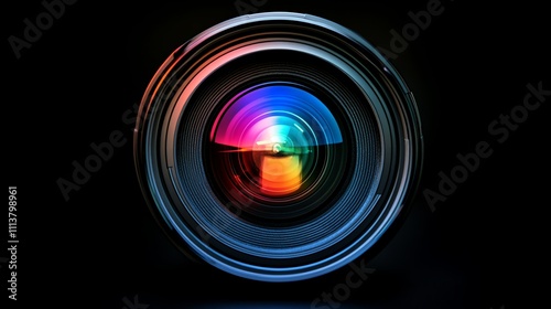 Close up photo of a camera lens with a rainbow reflection.