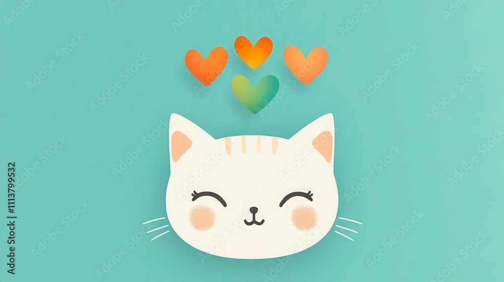 Obraz premium A simple, cheerful cat face with subtle blush on cheeks on a light teal background; above, three hearts in vibrant shades of orange, green, and blue radiate warmth.