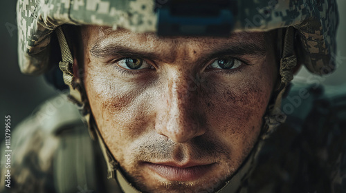 Close-up portrait of a determined soldier in camouflage helmet