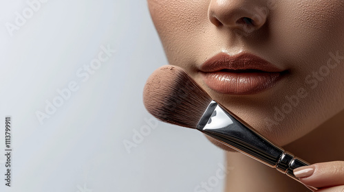 Close-up of woman applying makeup with a brush to flawless skin photo