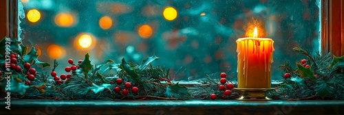 Christmas Candlelight Framing a Snowy Winter Scene.