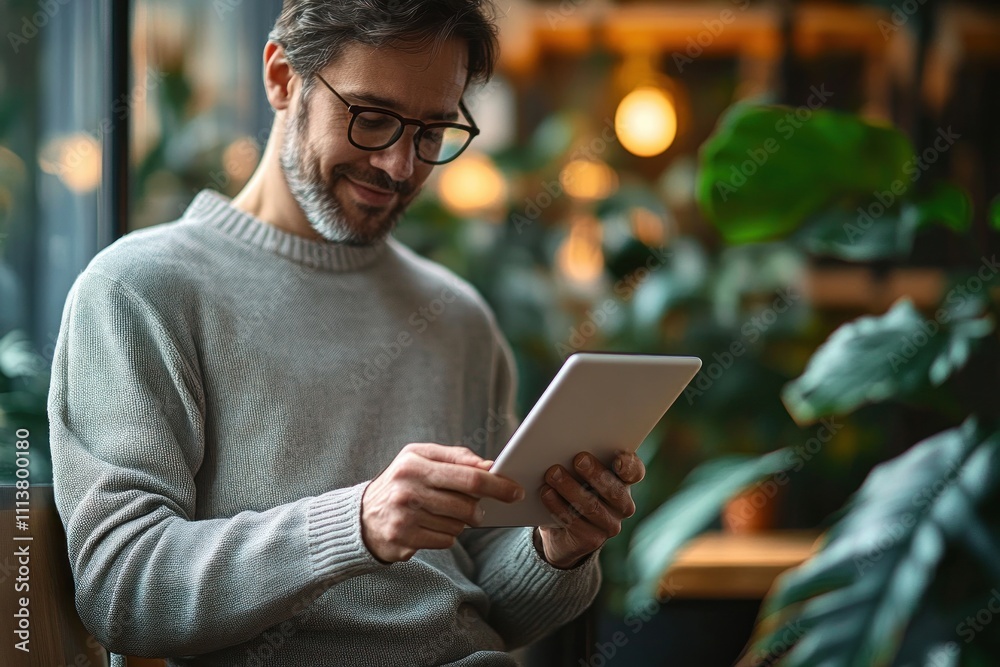 Young European Businessman Using Tablet in Modern Office Workspace Young European Businessman Using Tablet in Modern Office Workspace