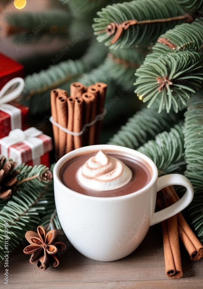 Hot cocoa with cinnamon sticks, surrounded by pine branches in a cozy Christmas tree market setting Hot cocoa with cinnamon sticks, surrounded by pine branches in a cozy Christmas tree market setting