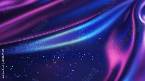 A close-up view of a shiny surface with a smooth blue gradient transitioning to deep purple, adorned with small reflective particles.  photo