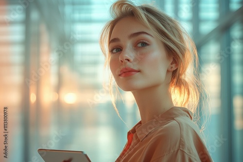 Confident young Hispanic businesswoman in brown shirt with tablet dreaming of success in modern office photo