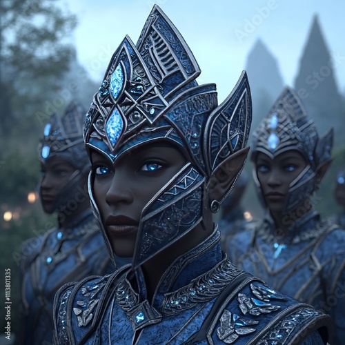 Close-up of three dark-skinned female elves wearing intricate blue and silver helmets and armor, standing in a line.