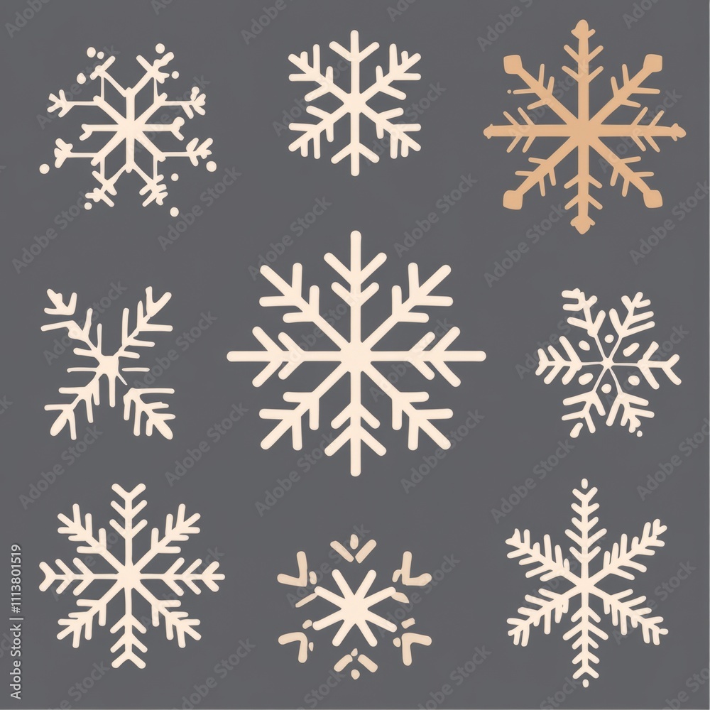 Collection of nine unique snowflake designs in white and beige on a gray background. Collection of nine unique snowflake designs in white and beige on a gray background.