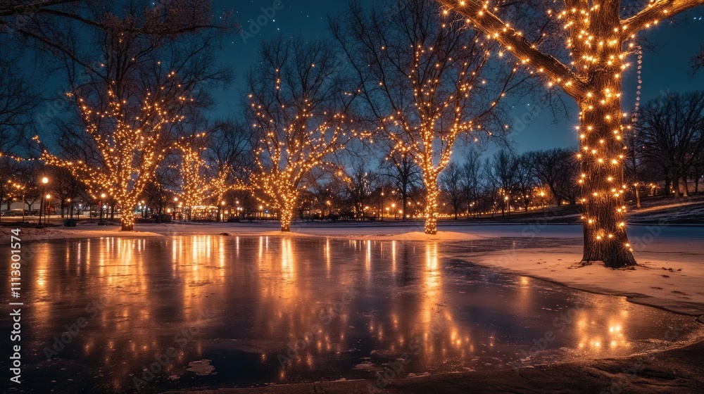A view of a city park with trees wrapped in sparkling Christmas lights, their reflections shimmering on a nearby frozen pond under a starlit sky A view of a city park with trees wrapped in sparkling Christmas lights, their reflections shimmering on a nearby frozen pond under a starlit sky