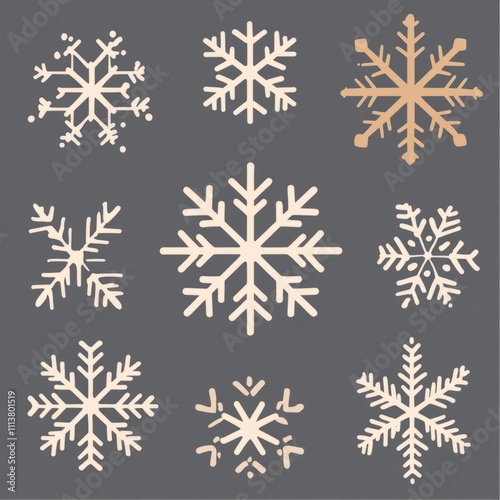 Collection of nine unique snowflake designs in white and beige on a gray background.