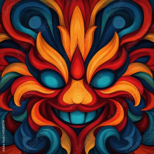 Colorful abstract mask with vibrant swirls and patterns.