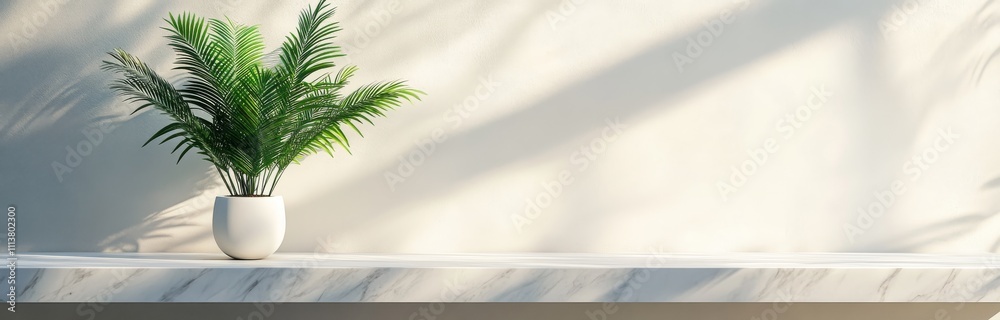Minimalist podium with a marble surface and a palm plant	
