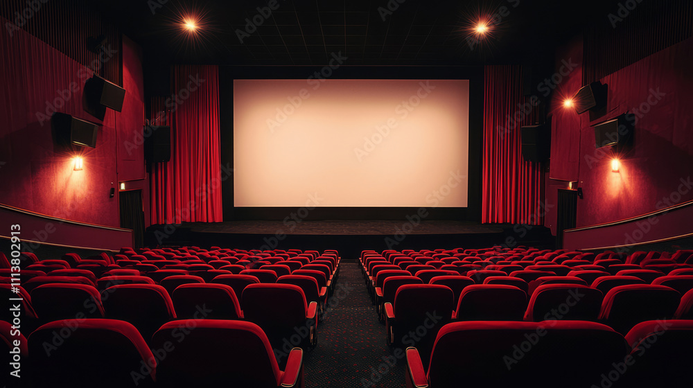 Empty cinema hall with red seats and large blank screen Empty cinema hall with red seats and large blank screen