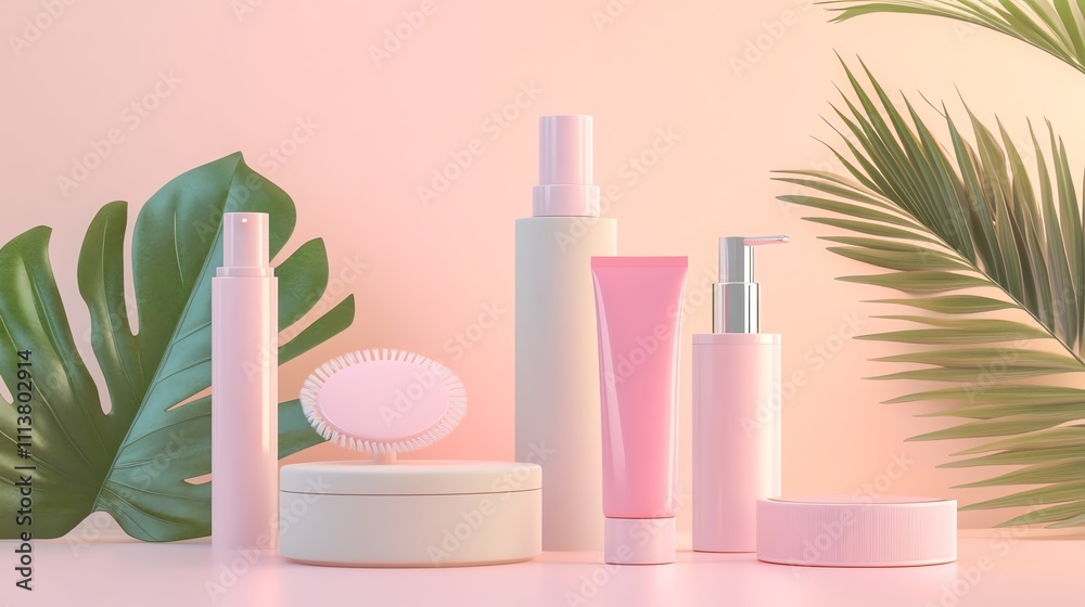 Pink and white skincare products displayed on a pink background with green leaves. Pink and white skincare products displayed on a pink background with green leaves.