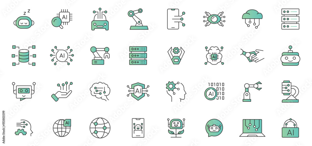 Fototapeta premium Artificial intelligence icon set. Containing machine learning, data science, AI, virtual assistant, generative AI, technology vector icons collection