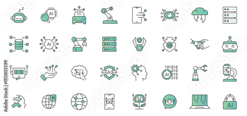 Artificial intelligence icon set. Containing machine learning, data science, AI, virtual assistant, generative AI, technology vector icons collection