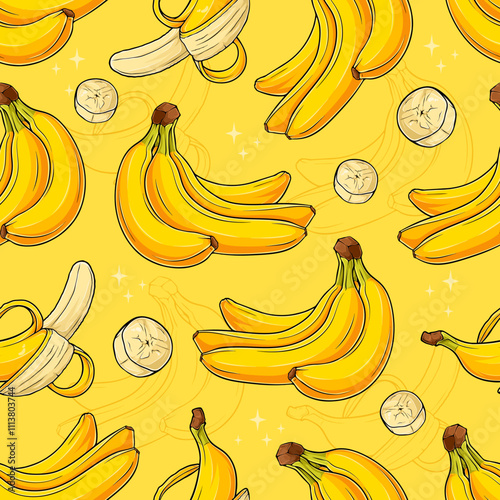 Hand drawn seamless pattern of  bunch of yellow delicious peeled and small cut bananas isolated