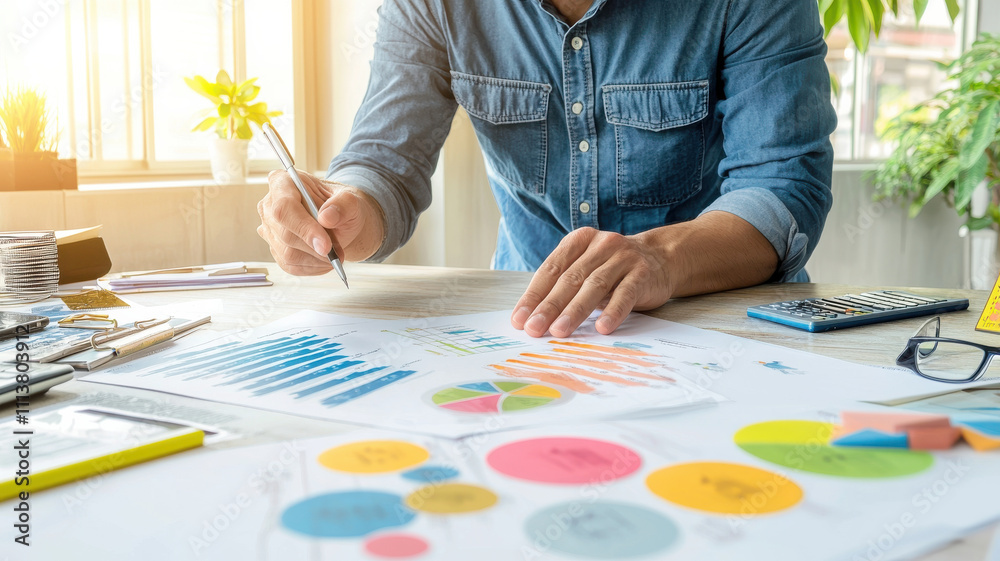 Professional analyzing financial data and charts in bright office Professional analyzing financial data and charts in bright office